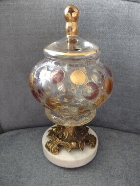 MCM Borske Nemo Colored Dots Marble Metal Filigree Base Glass Bowl With Lid